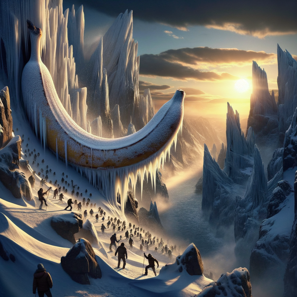 Dans un royaume glacé, un fruit en or trône, pendant que des aventuriers bravent l'hiver, cherchant à croquer l'inaccessible saveur.