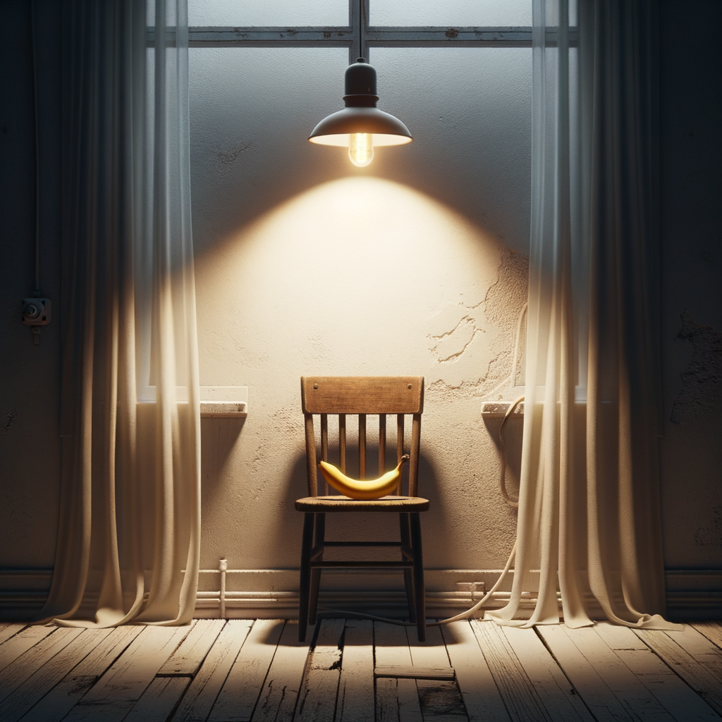 Dans une lumière de rêve, un fruit rayonne, seul spectateur d’une scène muette, la promesse d’un élan de joie suspendue.