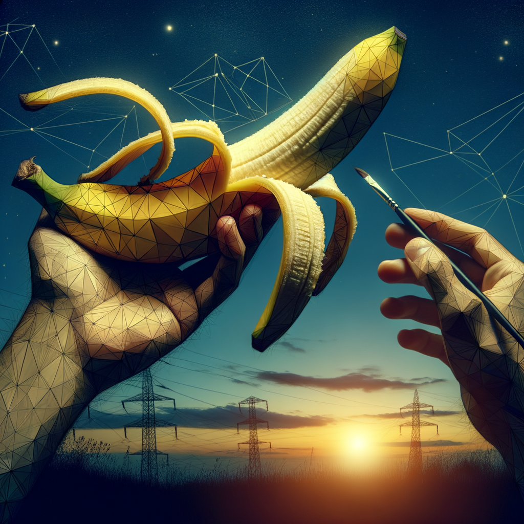 Dans l'aube dorée, une banane se dresse, artiste de la nature, prêt à croquer l'horizon tout en esquissant des rêves en filigrane.