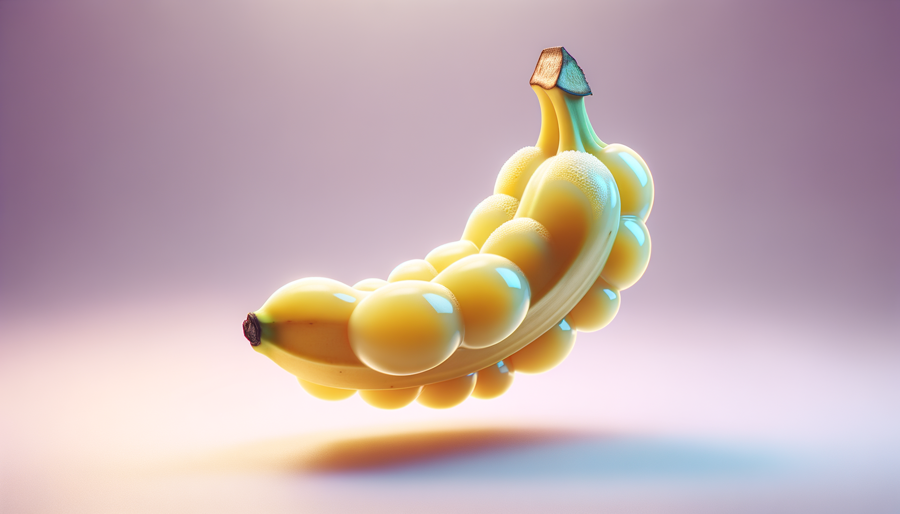 Une banane éclatante danse dans les airs, courbée comme un sourire, vêtue d'or et de bulles, défiant la gravité avec panache.