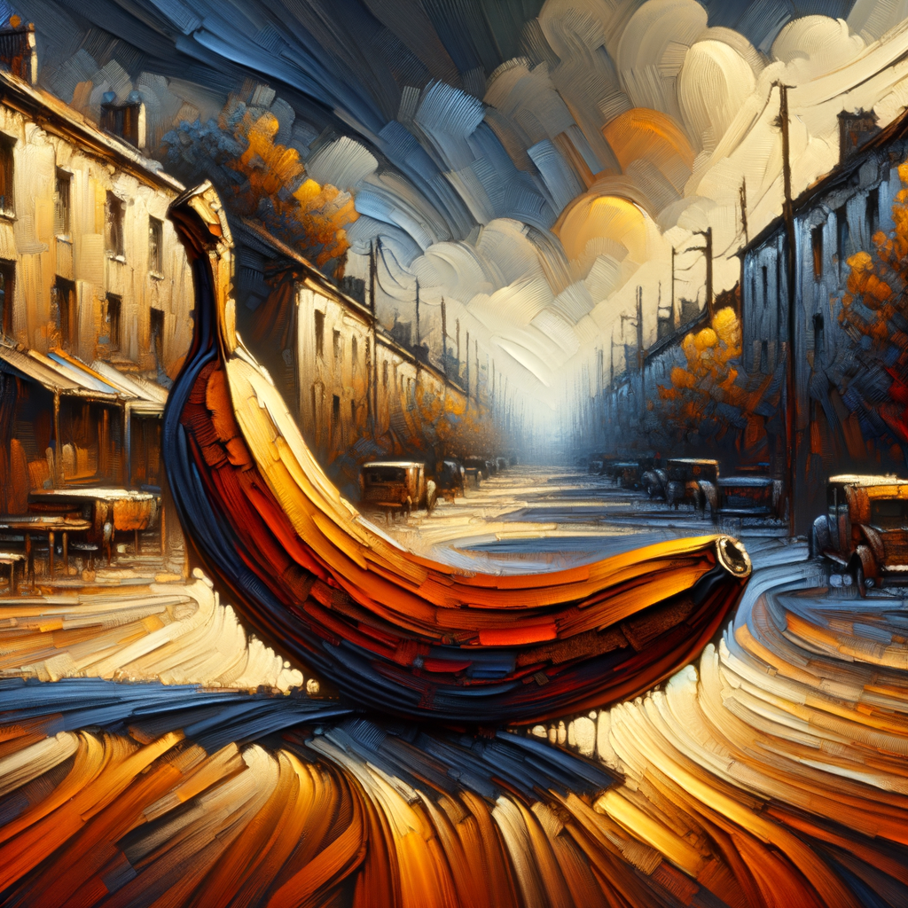 Dans une rue colorée, une banane majestueuse rêve de croisières ensoleillées, se moquant des voitures figées et des ombres en suspens.