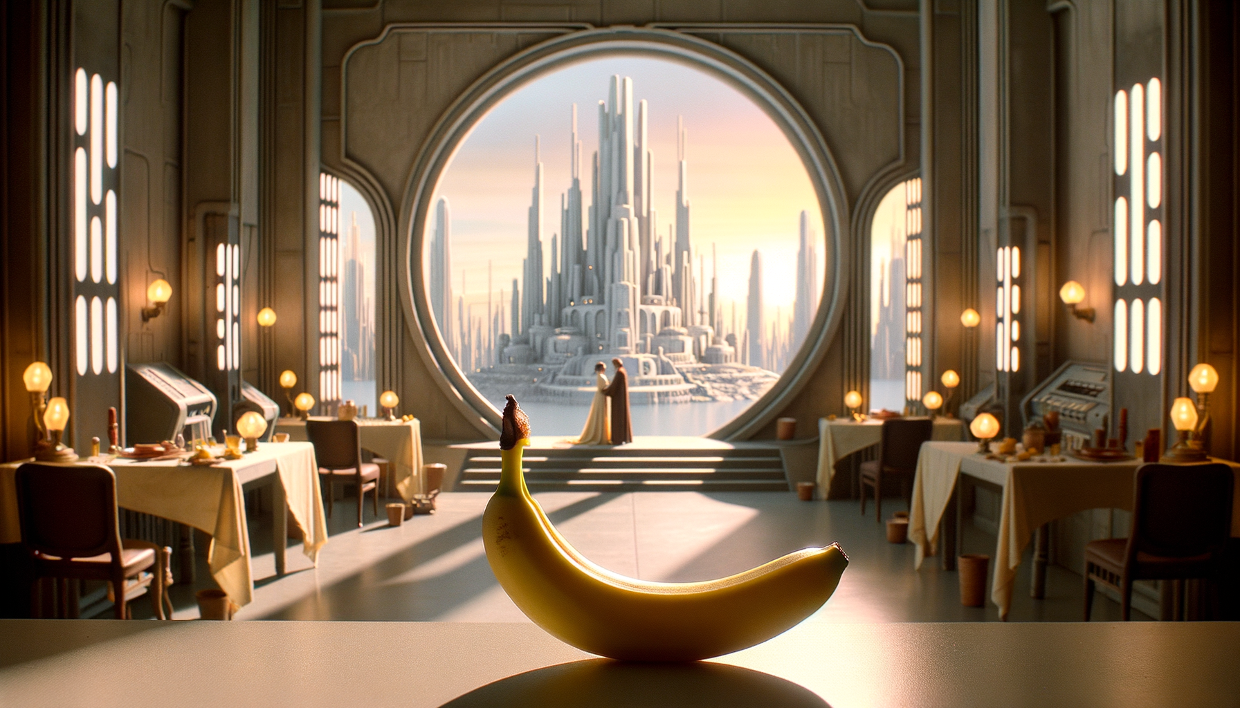 Sous un ciel de cités éthérées, une banane rêve d'amour, témoin silencieux d'une danse entre étoiles et ombres.