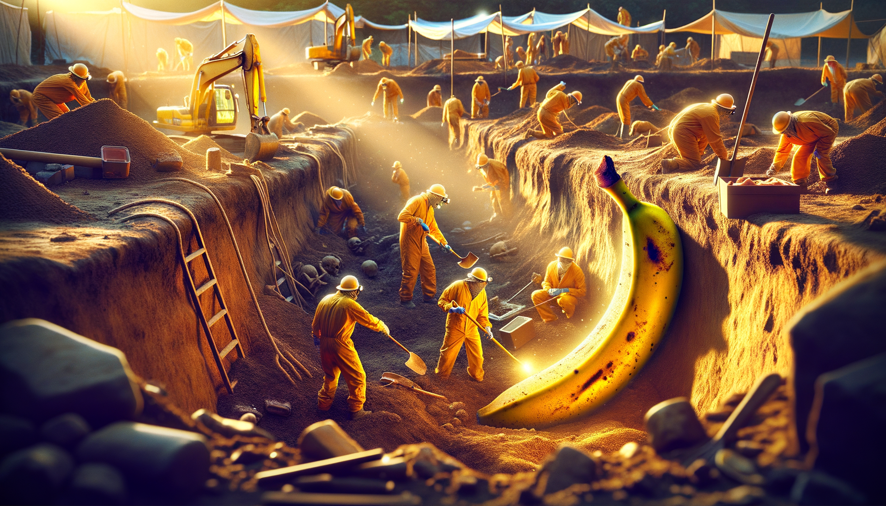 Dans un monde de sable, les travailleurs géophages déterrent la folie : une banane éclatante, joyau d’un trésor caché sous les rires du ciel.