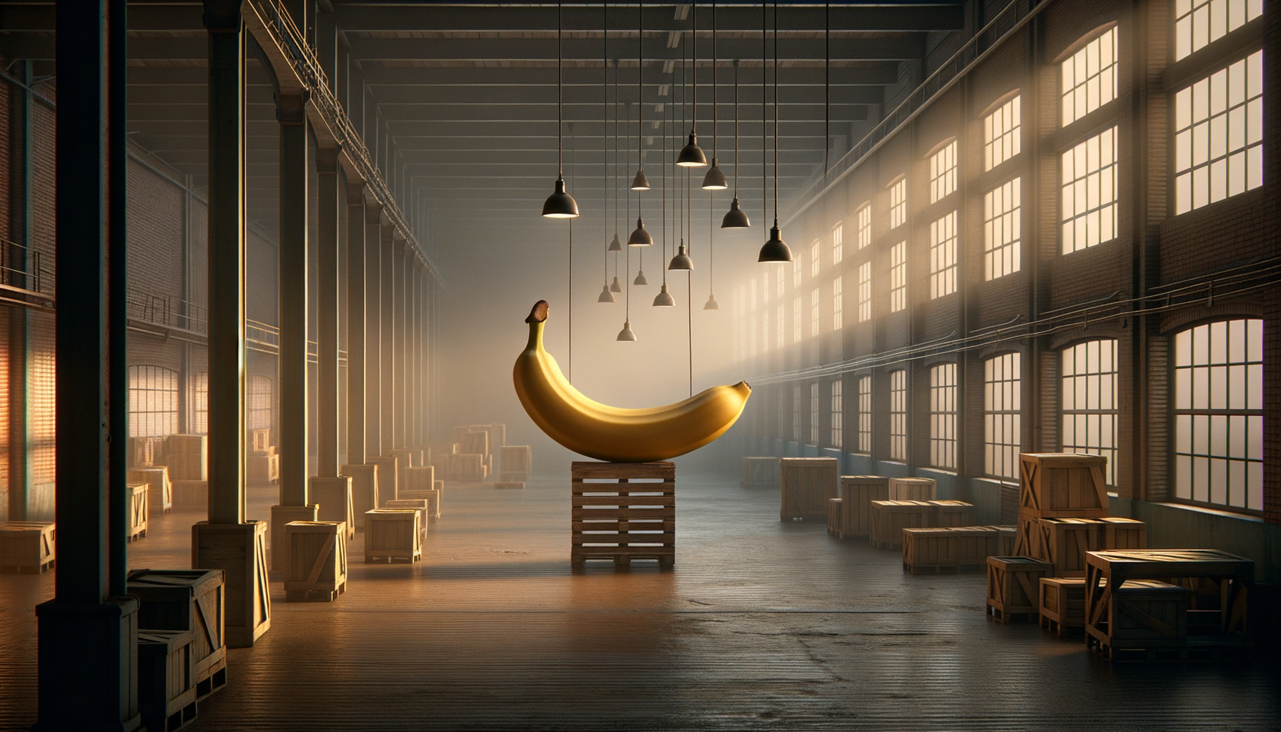 Dans une cathédrale oubliée, une banane dorée trône, éclaire la solitude, comme un soleil absurde au cœur d'un désert de bois.