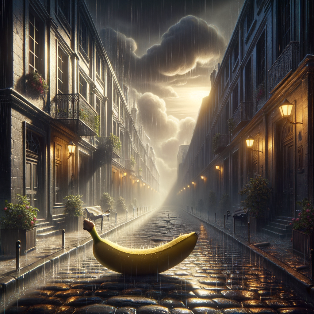 Dans une ruelle mélancolique, une banane dorée rêve d'éclats de rire sous la pluie, éclaboussant les pavés de douce absurdité.