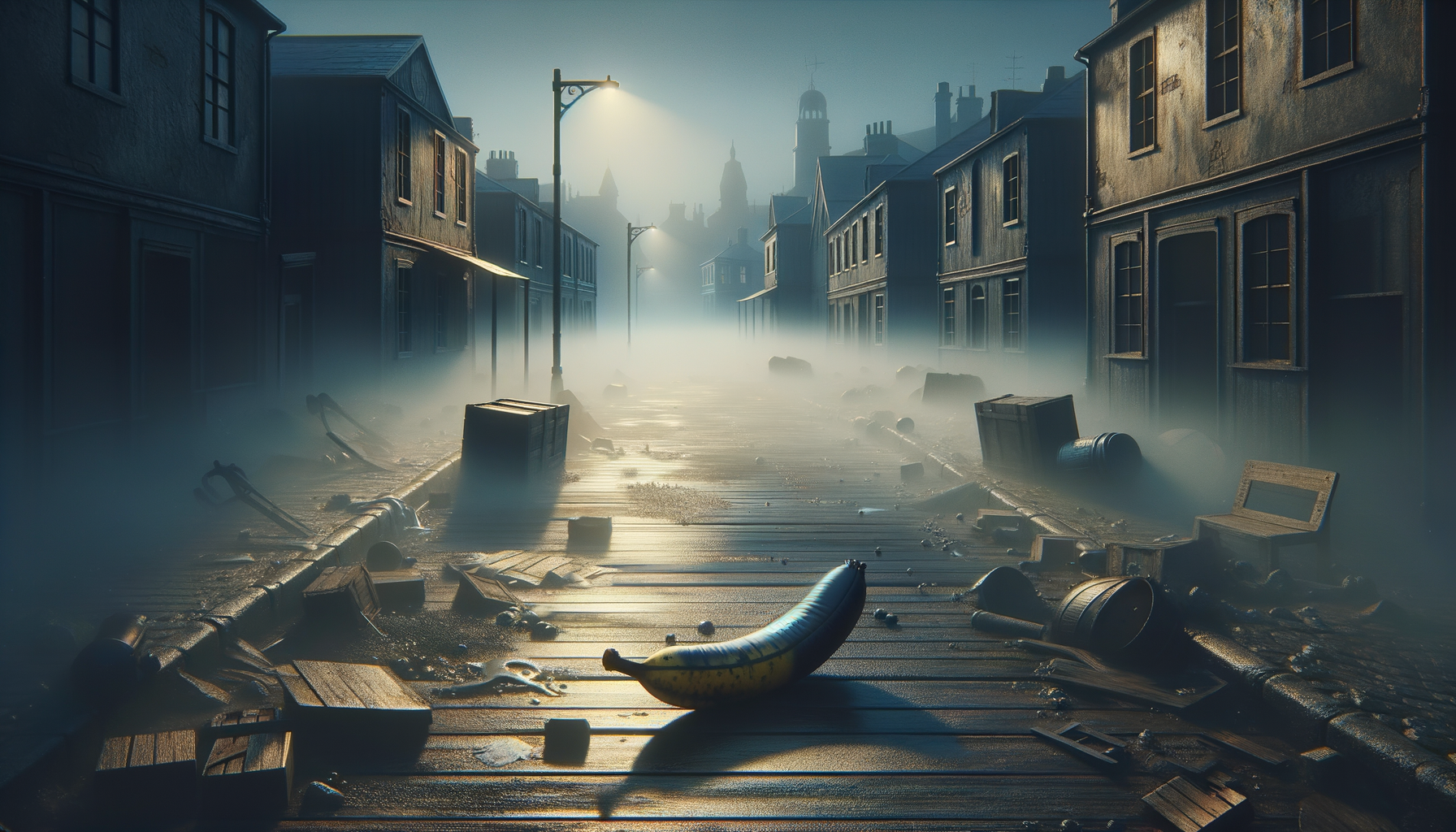 Dans une ruelle oubliée, un banane solitaire, cœur jaune sous le brouillard, rêve d'aventures au milieu des vestiges d'un monde endormi.