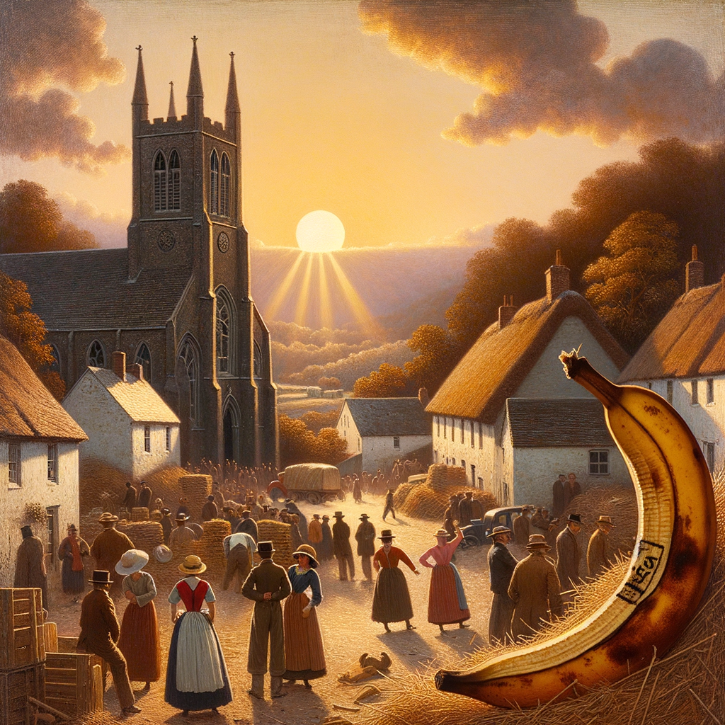 Sous le soleil rieur, un bananier se faufile, héroïque à la fête des moissons, éberlué par le folklore des jours en cotillon.