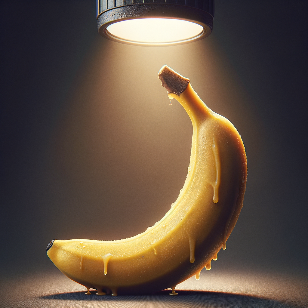 Sous un halo lumineux, une banane scintillante rêve, goutte à goutte, de devenir la star d'un spectacle fruité et croustillant.