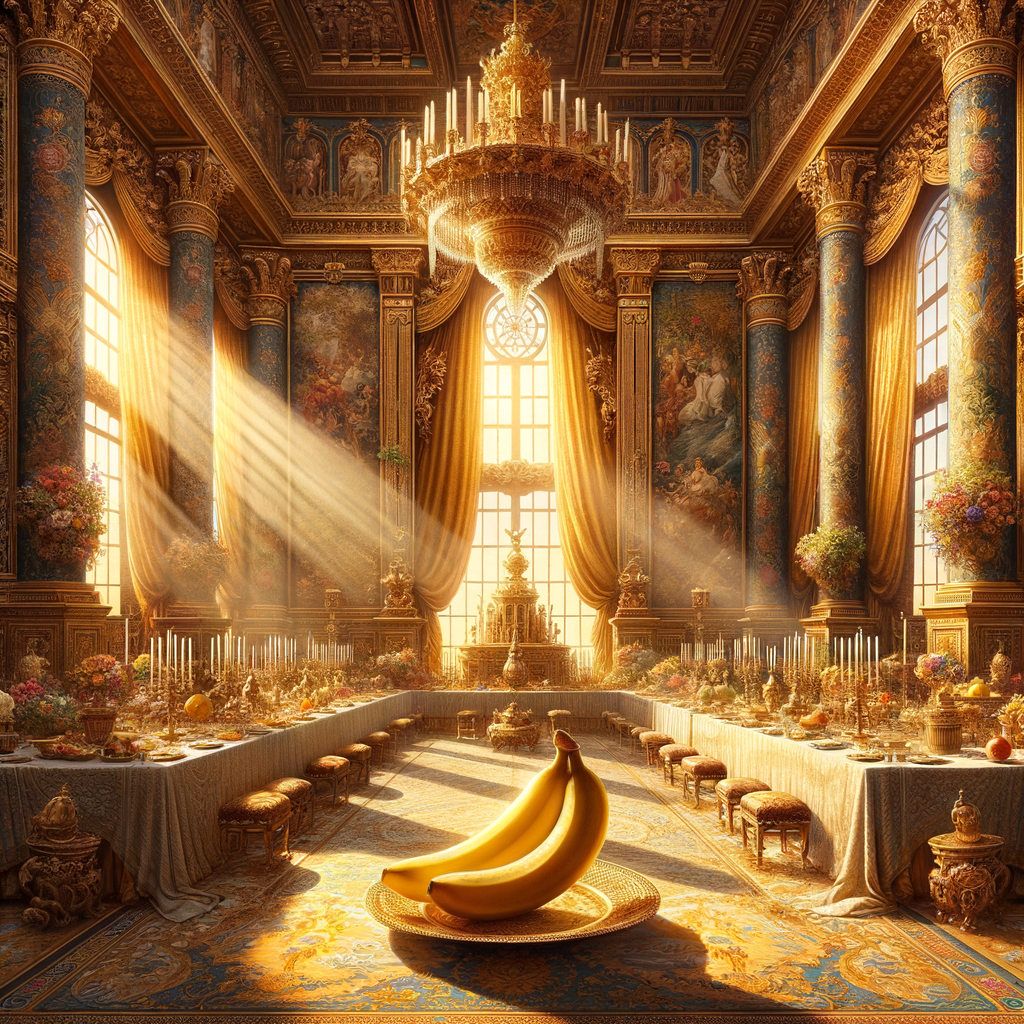 Dans un festin doré, deux bananes trônent, éclats de joie parmi les ors, comme des étoiles facétieuses dans un palais de rêves sucrés.