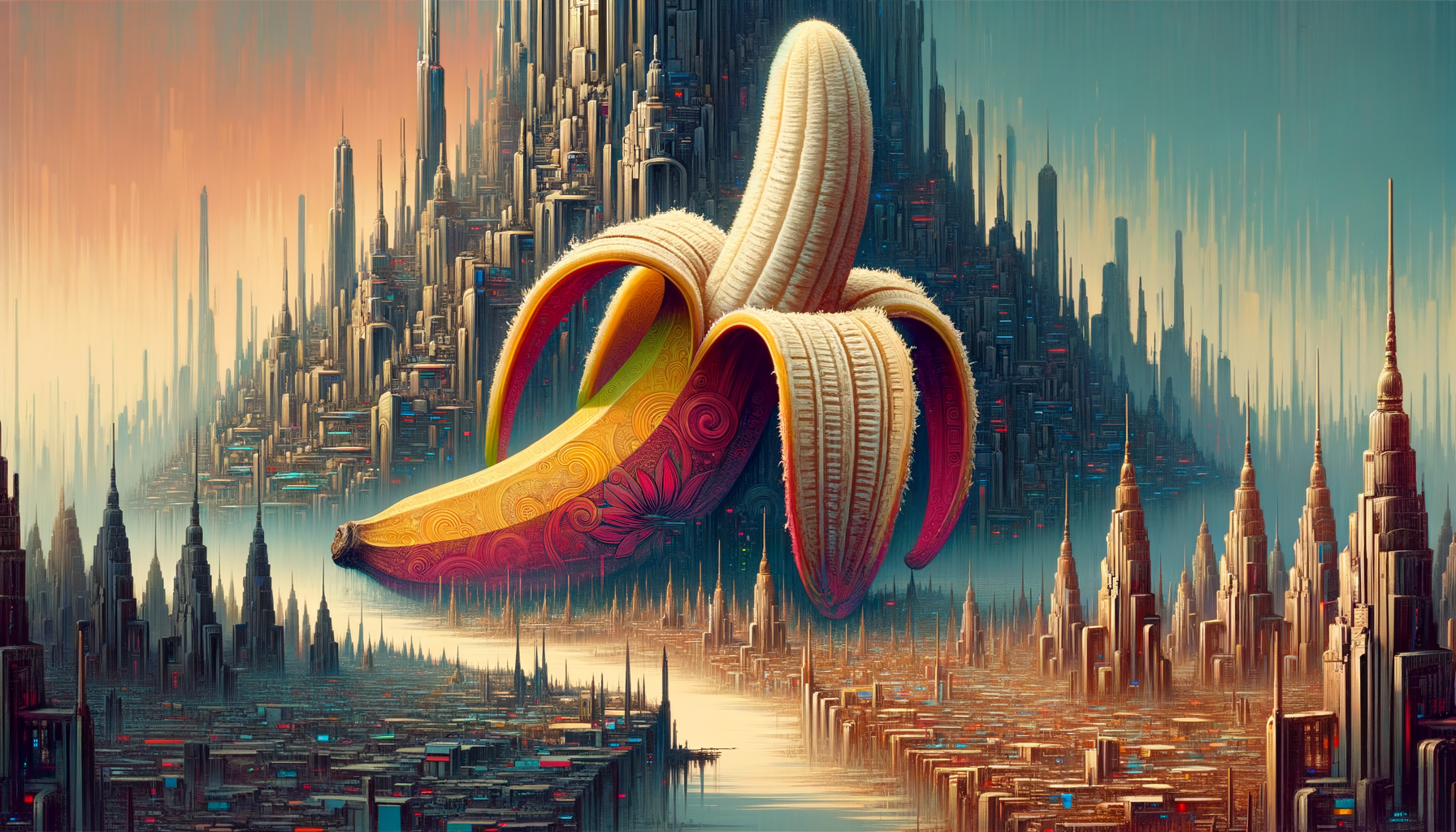 Dans un monde de citadelles, une banane s'élève, défiant la logique, fruit d'une rêverie urbaine, où le jaune danse avec l'acier.