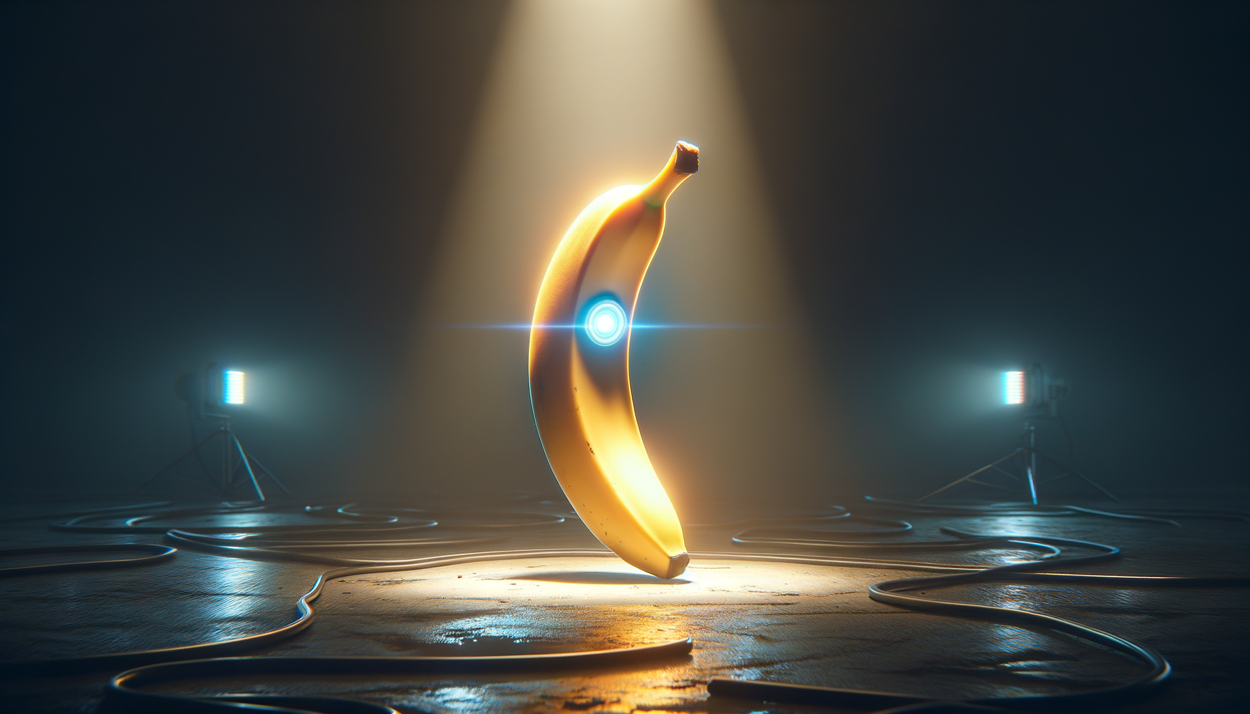 Sous un halo de lumière, une banane s'élève, étoile inédite d'un théâtre absurde, promettant rires et éclats dans un monde décalé.