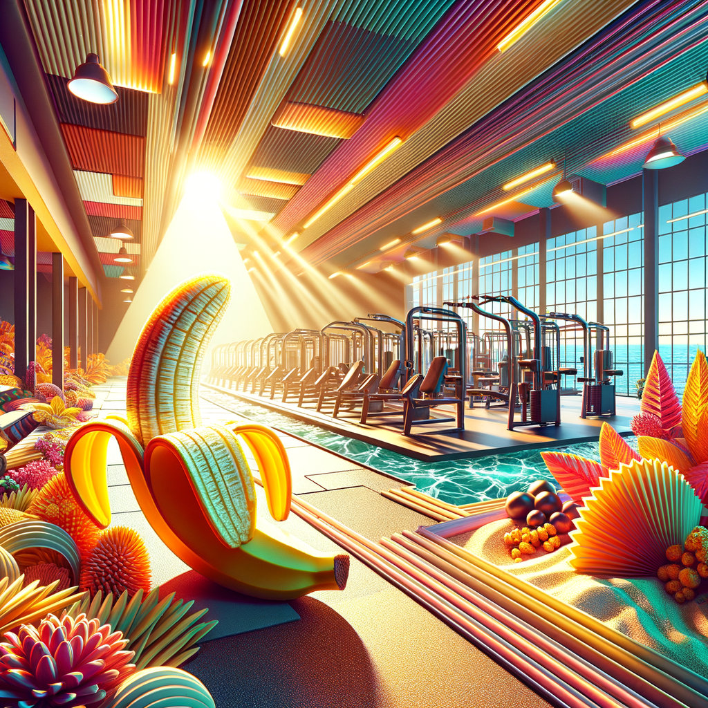 Sous les rayons dorés, un bananier des temps modernes rêve de musculation et de fruits tropicaux dans un monde de fer et de lumière.