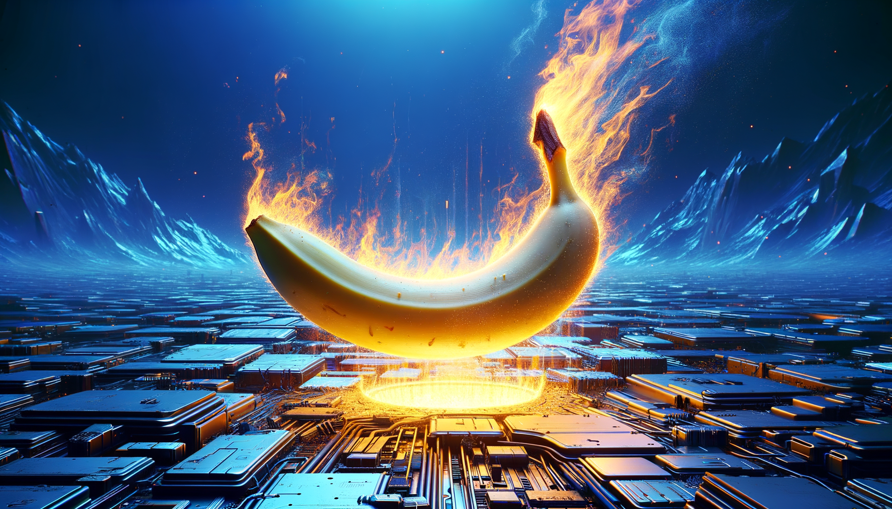 Sous un ciel cybernétique, une banane flamboyante défie la gravité, éclat de jaune et de feu, détonation de folie dans un monde codé.