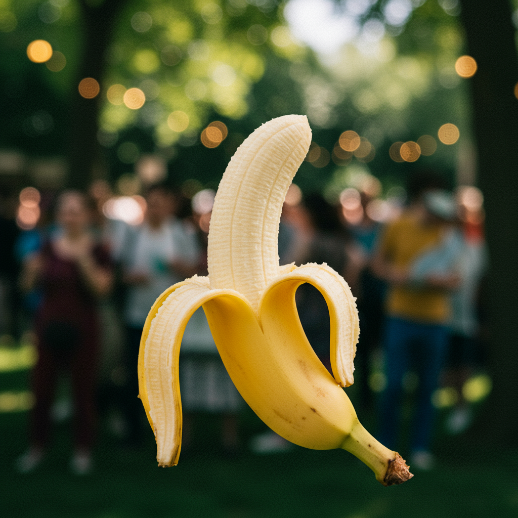 Dans un bal spectral, une banane envoûtante flotte, orchestre de rires, promesse de douce folie, suspendue entre deux mondes. Magie en un fruit.