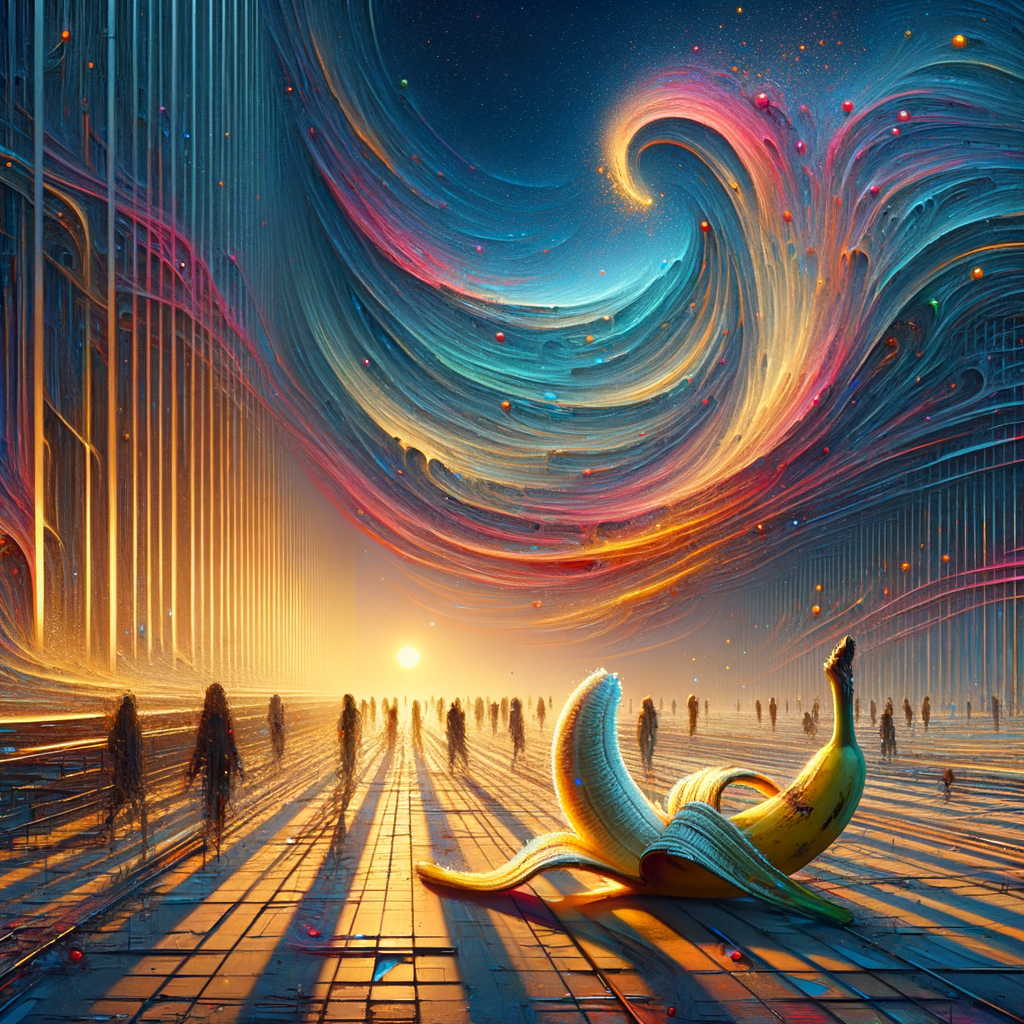 Un ciel tourbillonnant de couleurs danse au-dessus d'une banane, témoin perplexe de silhouettes errantes, où l'imaginaire joue à cache-cache avec la réalité.