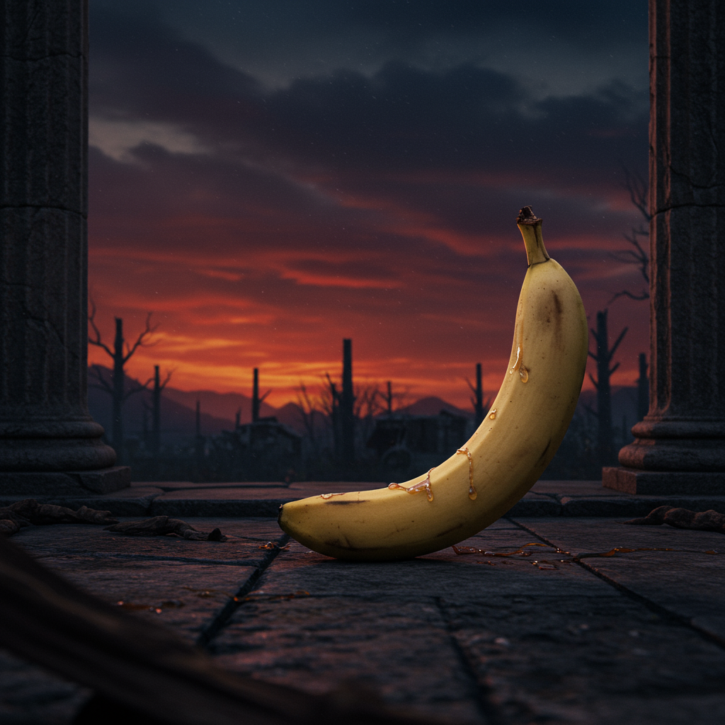 Sous un ciel de feu, un fruit courbe perché, éclaboussé de nectar, danse le déclin d'une époque, ultime éclat d’un monde désenchanté.