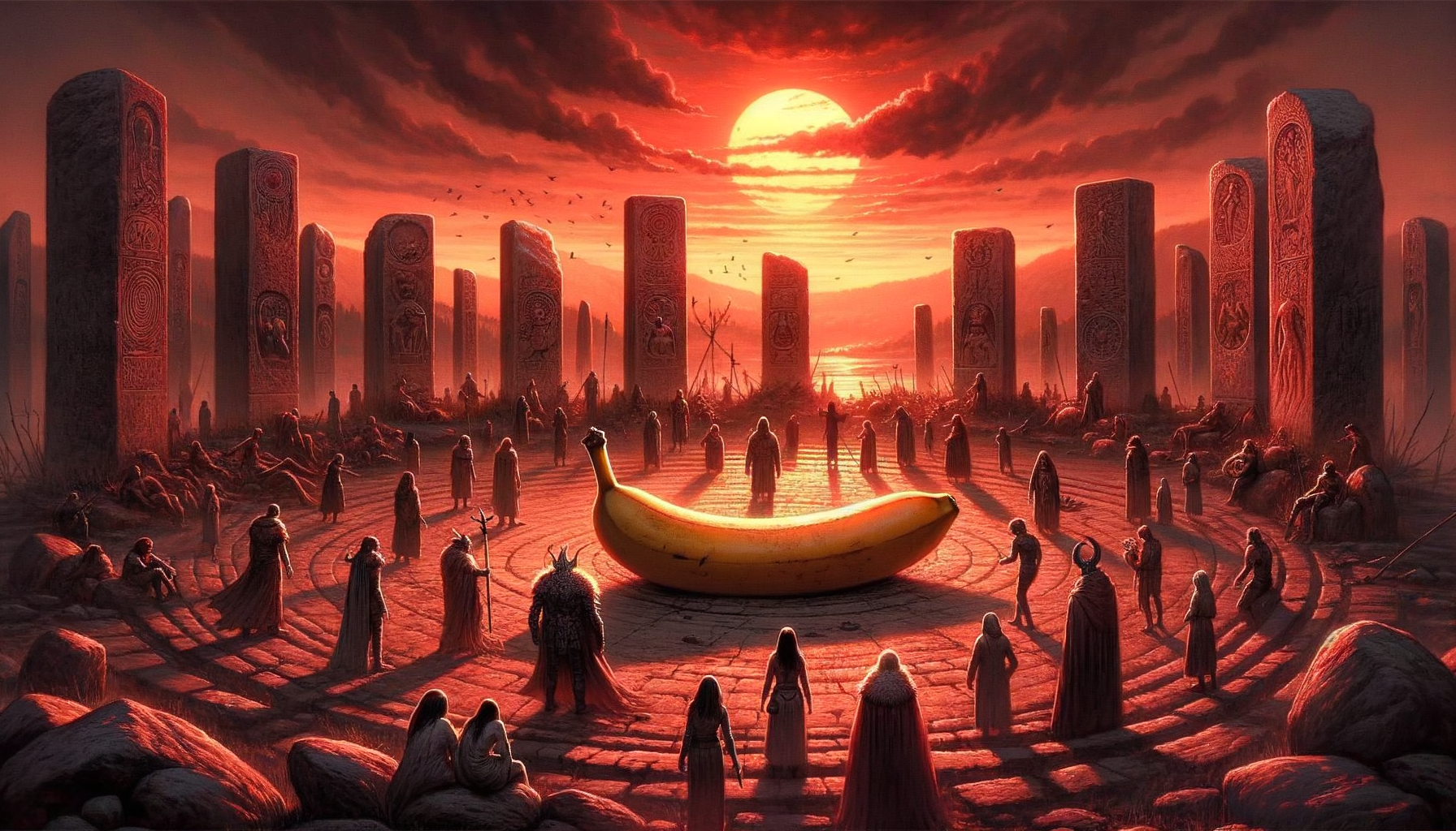 Sous un ciel flamboyant, les ancêtres s'inclinent, fascinés, devant la sagesse d’une banane sacrée, défiant le temps et la logique.