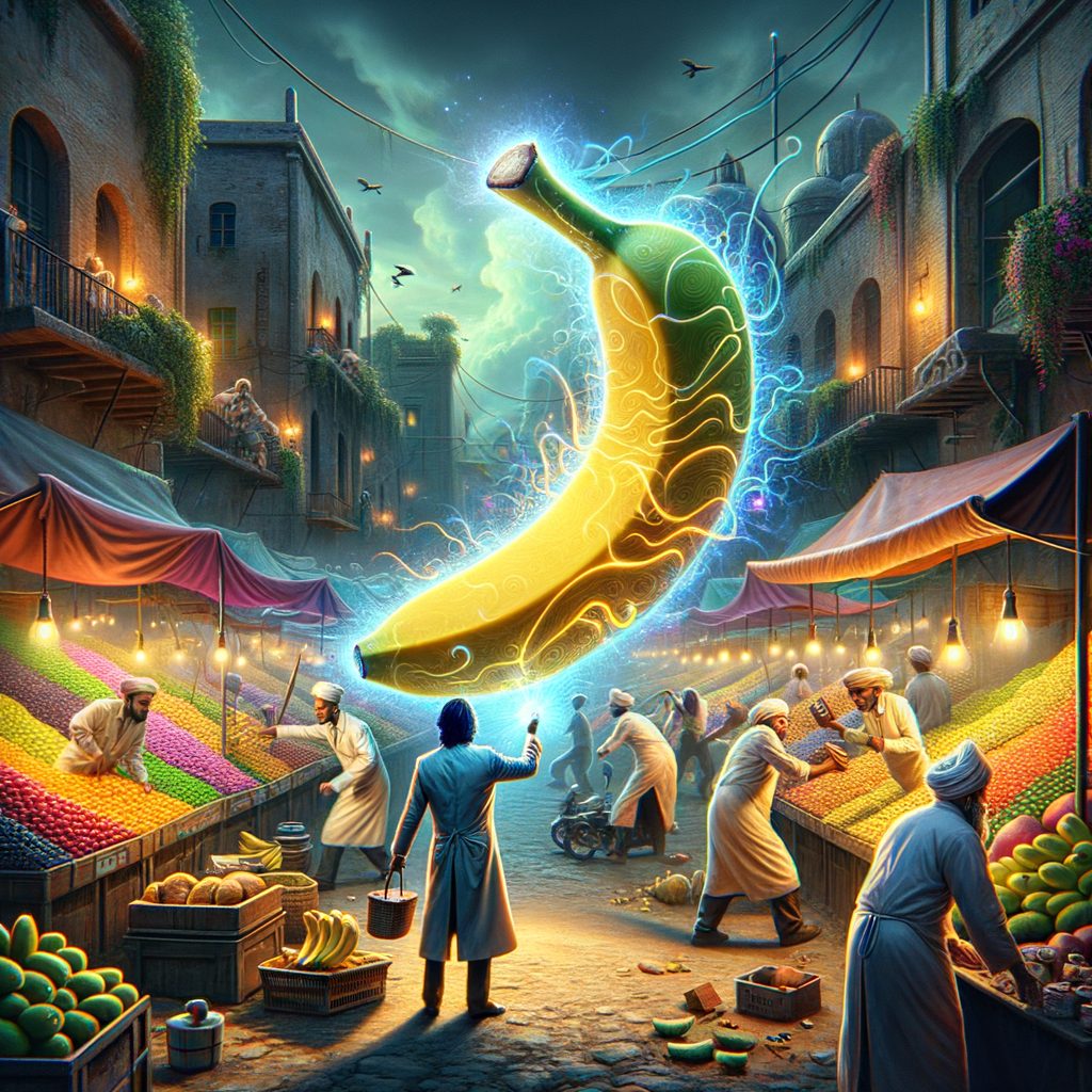 Dans un bazar vibrant, une banane flamboyante danse, éclatante de magie, tandis que les marchands échangent fruits et sourires sous un ciel de murmures enchantés.