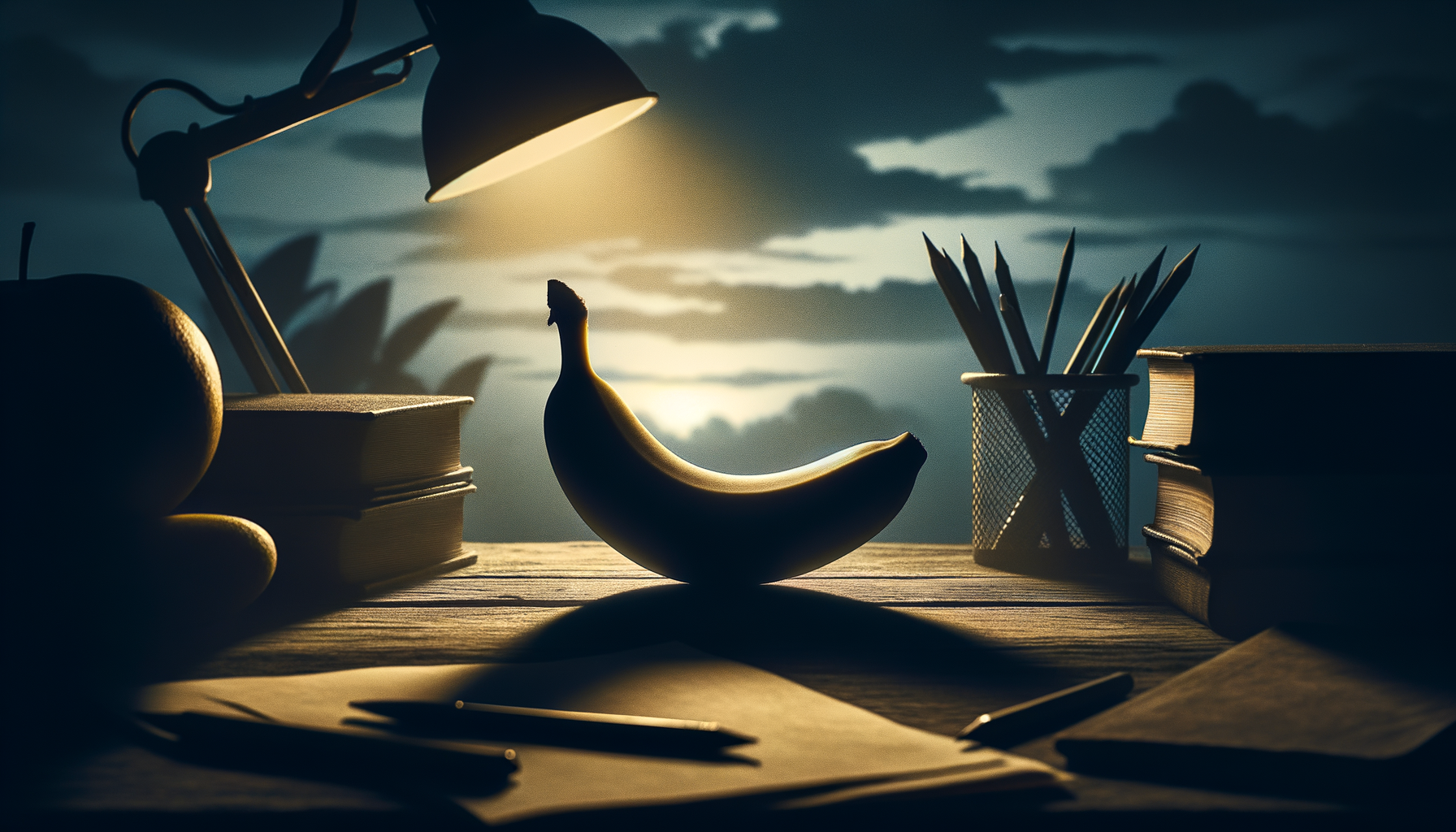 Dans un monde studieux, une banane se prend pour un génie, éclairée par la lumière d’un rêve, entourée de pensées muettes et de mots en attente.