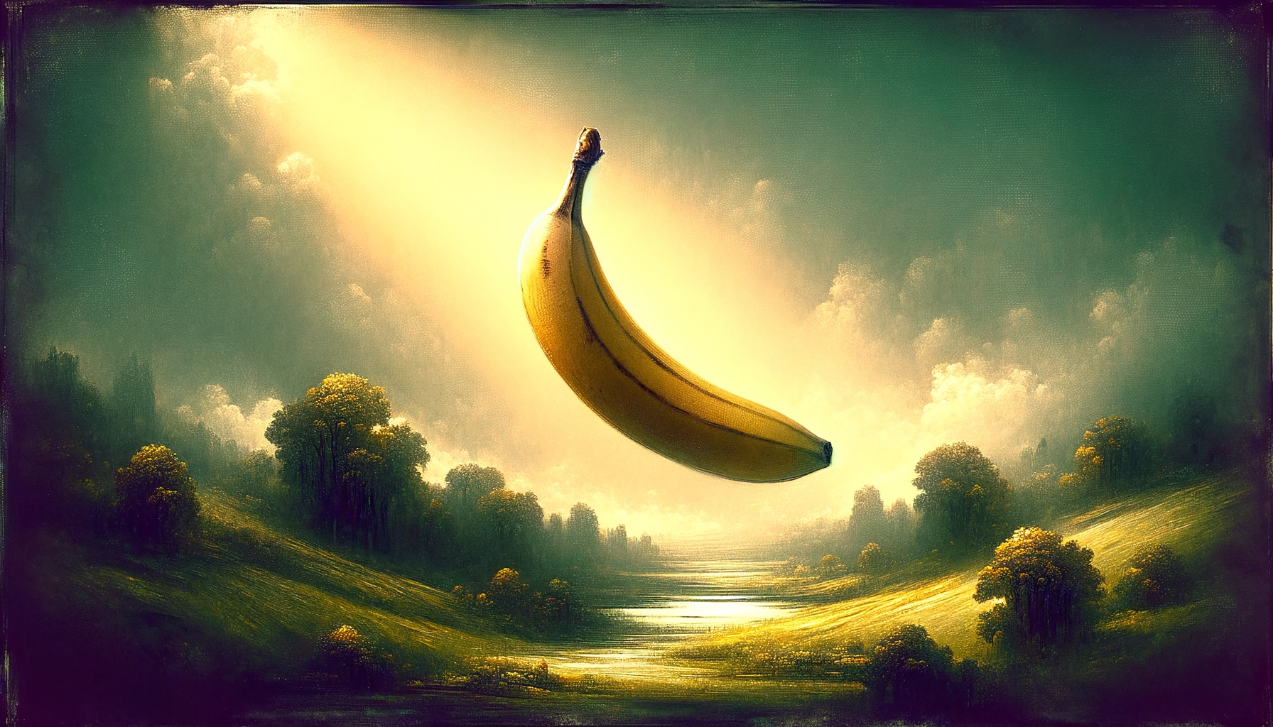 Sous l'azur d'un rêve doré, une banane suspendue chante aux arbres, promesse sucrée d'une aventure à croquer.