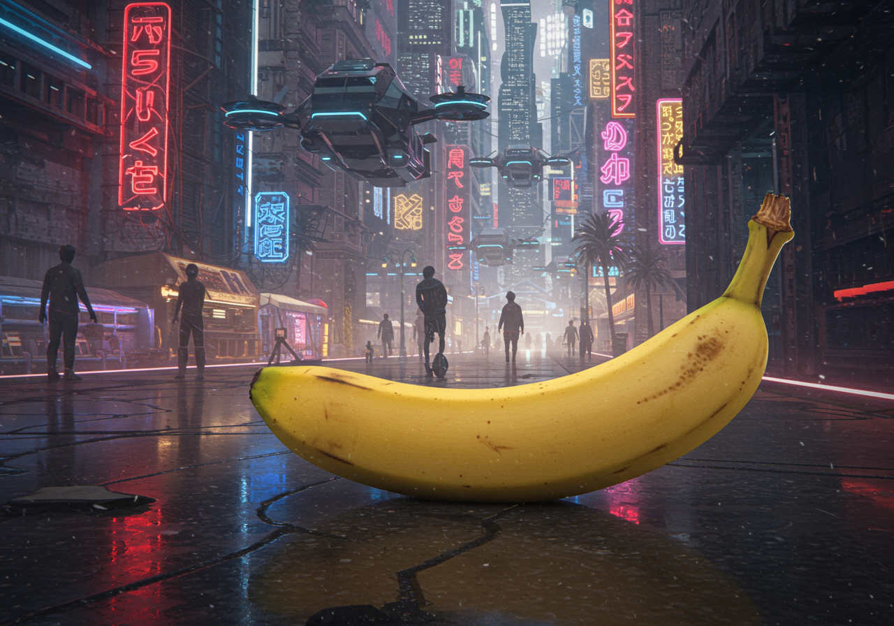 Dans un monde numérique, une banane tranquille, étoile décalée parmi les ombres futuristes, rêve d'une danse au cœur des néons.