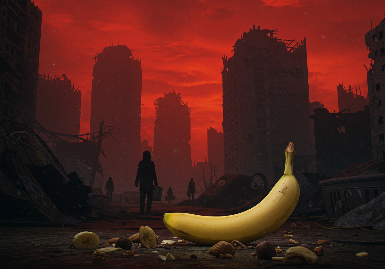 Sous un ciel de feu, un fruit lumineux, témoin sur l'asphalte des rêves fanés, éclaire le chaos d'un monde en ruines.