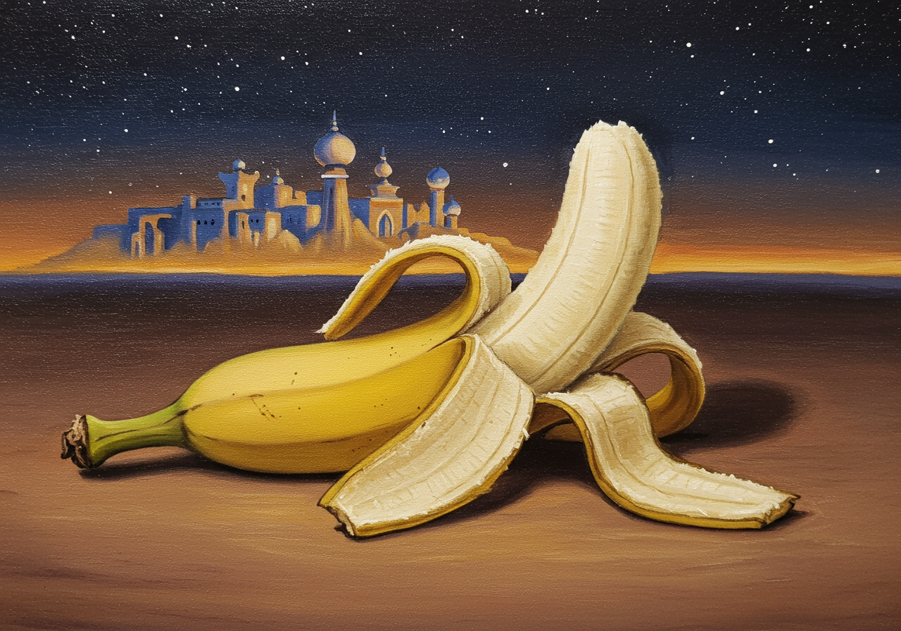 Sous un ciel étoilé, une banane rêve de palais lumineux, écharpe de soleil, éveillant la folie d’une nuit fruitée.