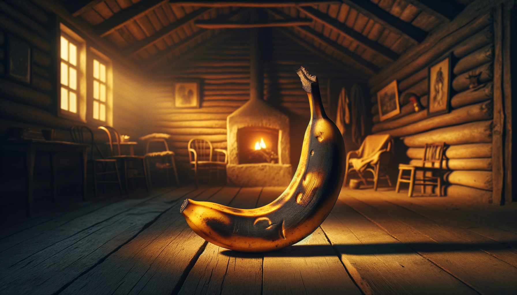 Une banane, sage solitude, danse sous un plafond de bois, écho d'un feu crépitant, rêve au cœur d'une cabane oubliée.