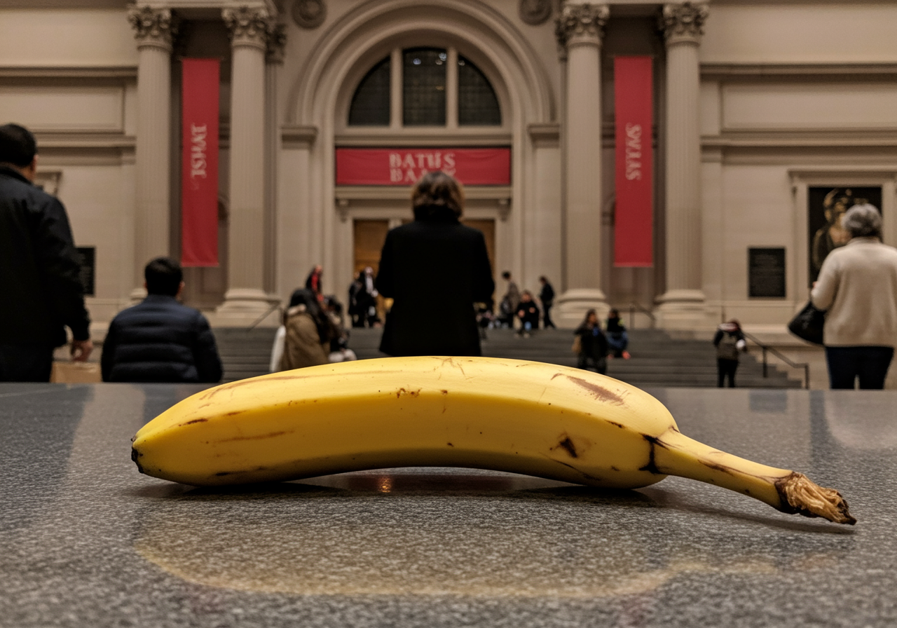 Une banane solennelle trône sur la pierre, témoin d'une élégante agitation, fruit d'une exquise absurdité au cœur de l'art.