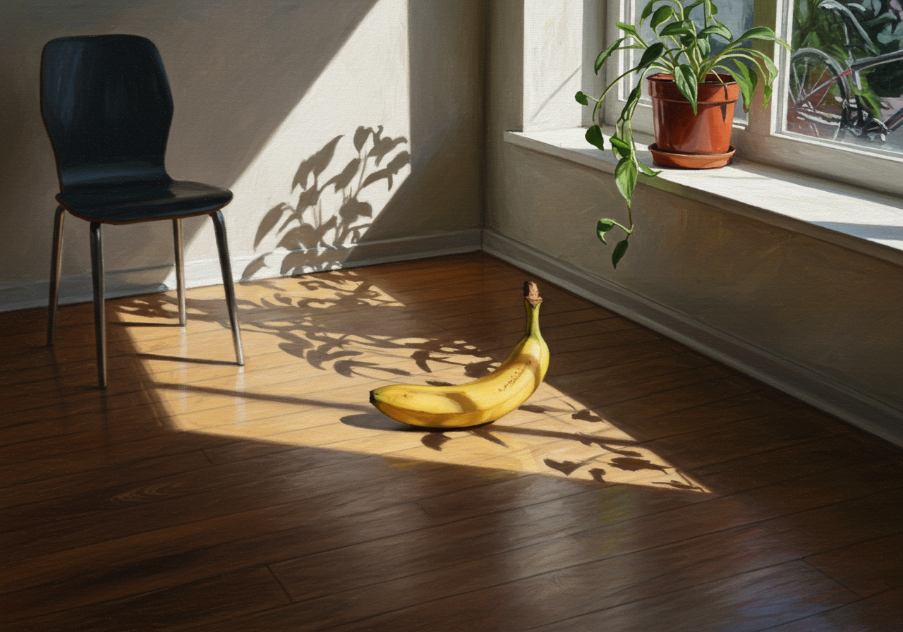 Dans un coin de lumière, un bananier rêveur attend l'applaudissement des ombres, tandis qu'une chaise l'observe, perplexe. Le ballet commence ! 🍌✨