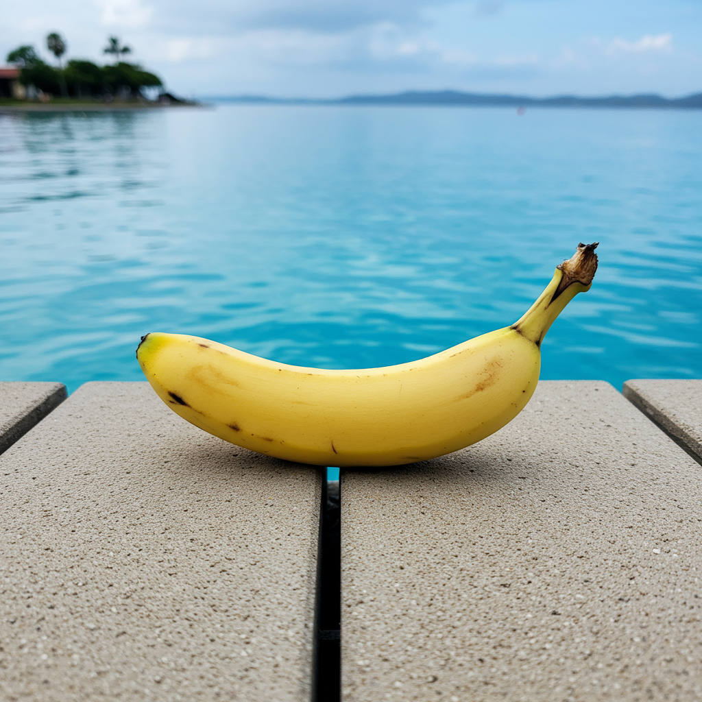 Dans un coin de ciel, une banane rêve, effleurée par les vagues bleues, gardienne d'un été suspendu, sourire en coin sous les nuages.