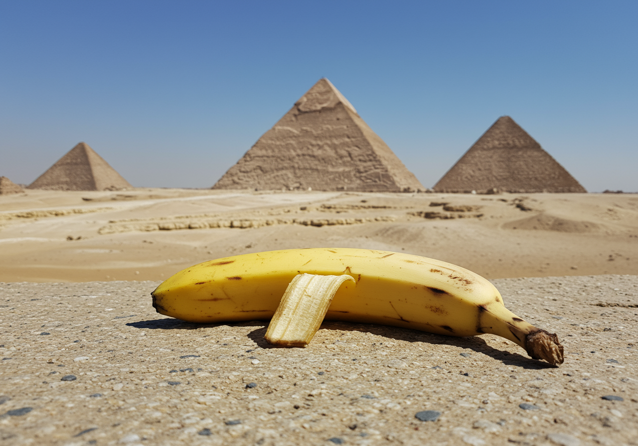 Une banane rêve, perchée entre sable doré et pyramides millénaires, s'interroge : qui est le vrai monument ici ?