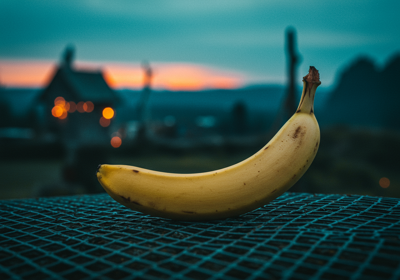 Sous un ciel murmure, une banane solitaire rêve d'aventures, accrochée à son fil de métal, attendant la nuit étoilée.