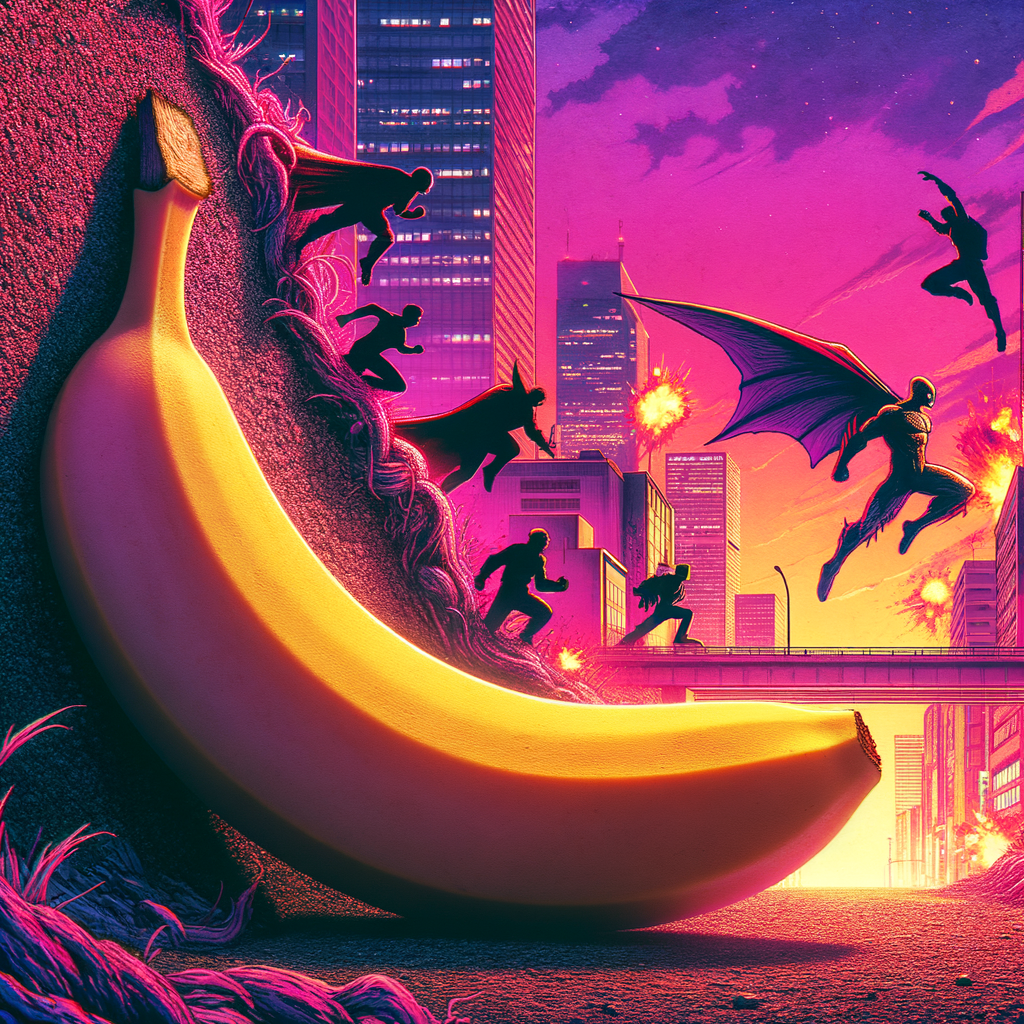 Dans une ville où les fruits prennent leur envol, une banane dorée défie les super-héros, marquant le début d'une épopée loufoque.
