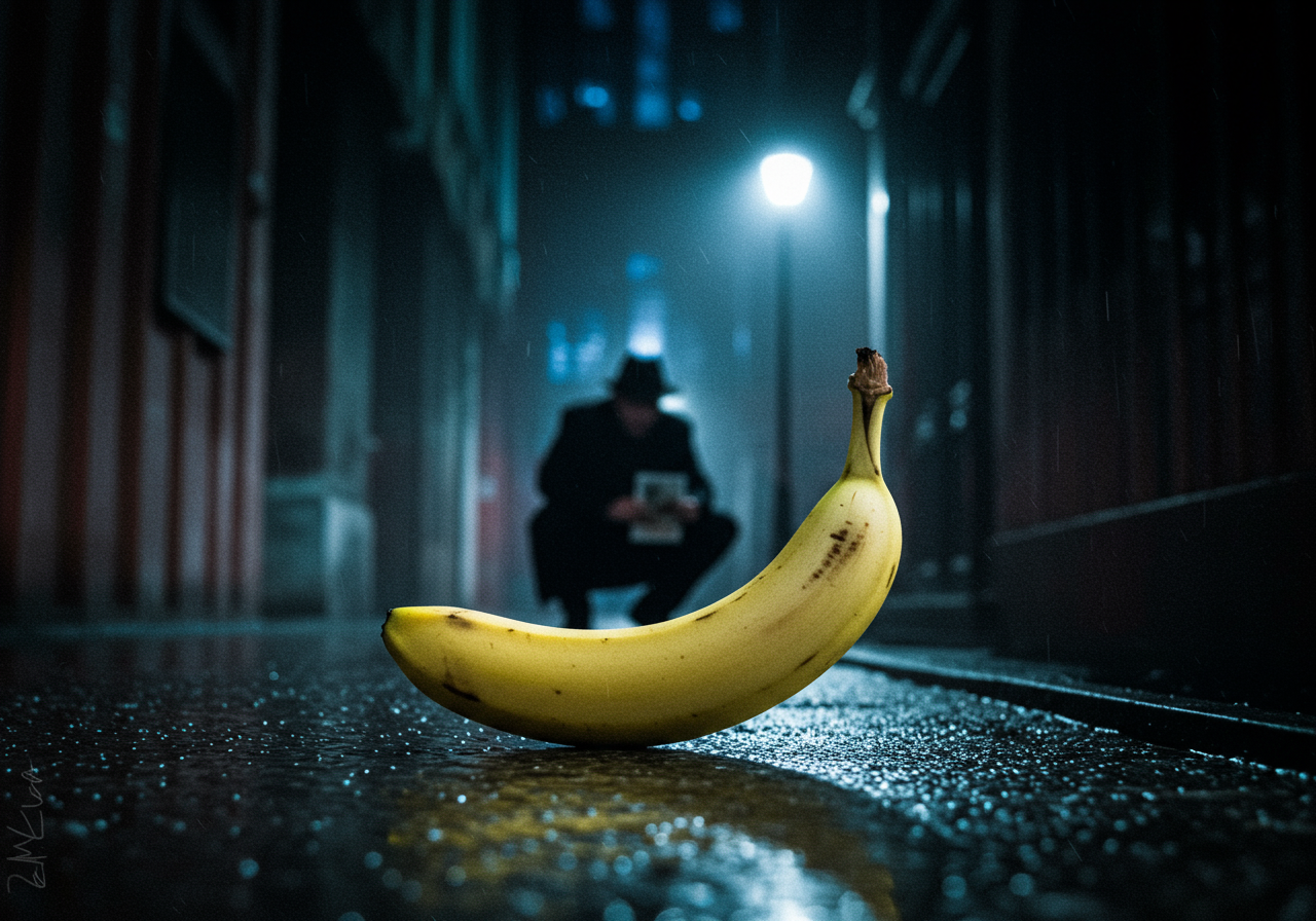 Sous une pluie d'étoiles, un fruit en trompe-l'œil se dresse, témoin d'un mystère où le noir danse avec le jaune.