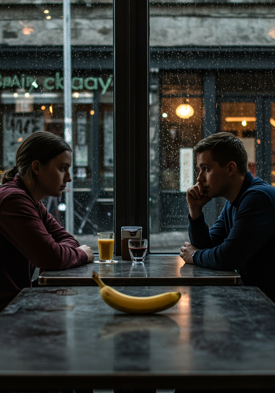 Deux âmes en réflexion, un fruit moqueur au milieu, les larmes de la pluie dessinent des secrets sur la vitre. Moments suspendus, saveurs de mélancolie.