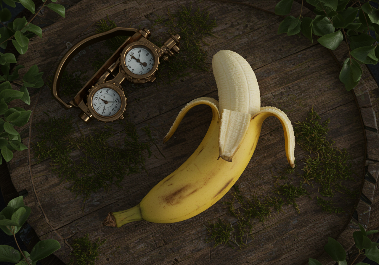 Un chronomètre en bronze guette la douceur d'une banane dévoilée, comme un trésor du temps caché sous le feuillage murmurant des secrets.