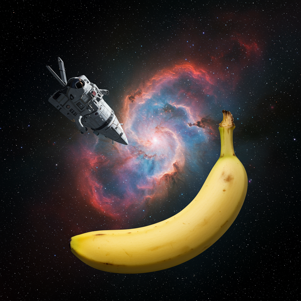 Dans l'infinité étoilée, un croiseur bananesque glisse, défiant la gravité des fruits, entre nébuleuses et rêves d'astronautes en quête de vitamines célestes.
