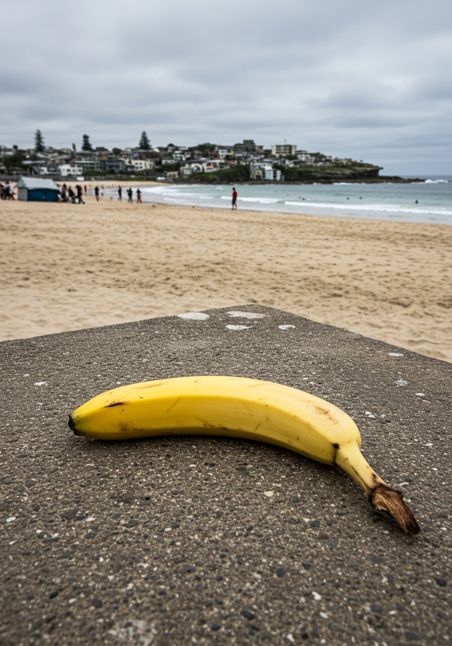 Sur le rivage, un fruit ensoleillé rêve de vagues, délaissé par l’oubli, héros d’un été en suspens, entre sel et sable.