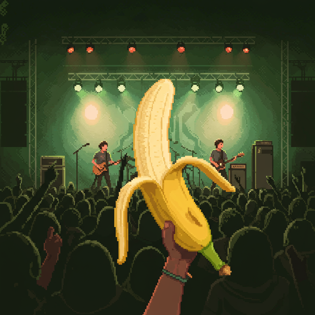 Dans un concert vibrant, une banane éveille des cris, fruit des rêves et des riffs. Écœurante folie, la musique danse avec la folie.