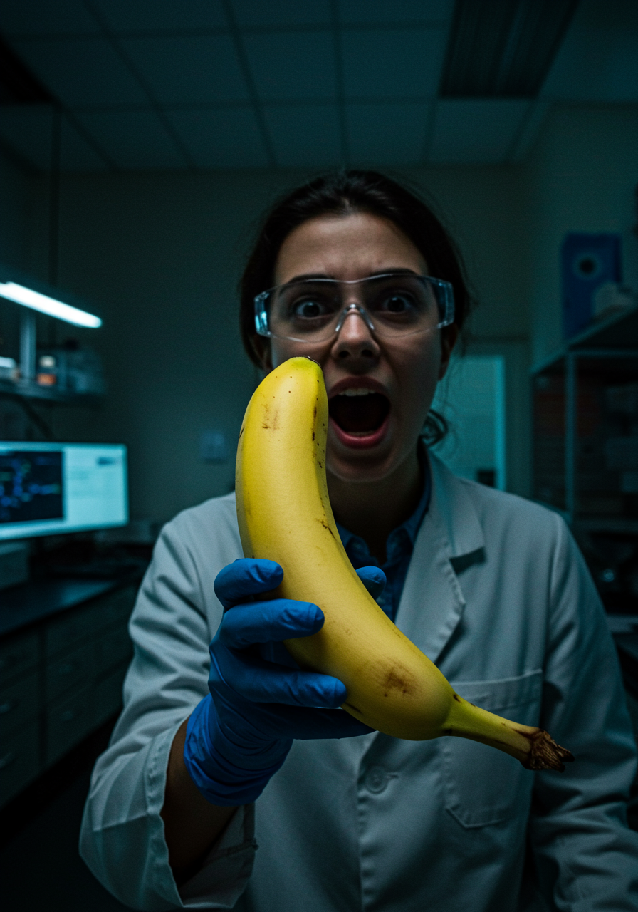 Sous les néons, une banane, crispe la curiosité. Science ou folie ? L'étrange fruit jette l'alarme dans un laboratoire de rêve.