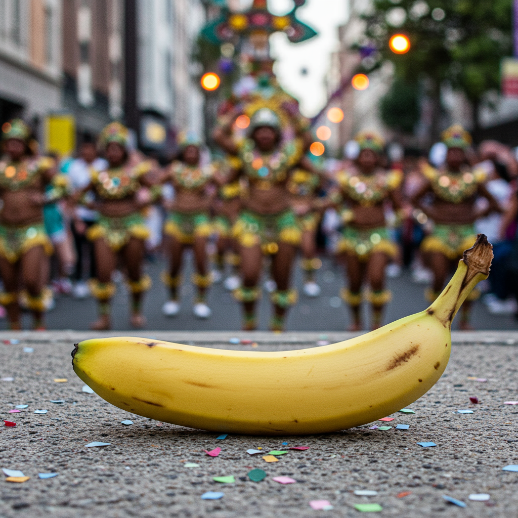 Sous un carnaval flamboyant, une banane solitaire rêve d'évasion, témoin muet d'une fête où les confettis dansent comme des étoiles.