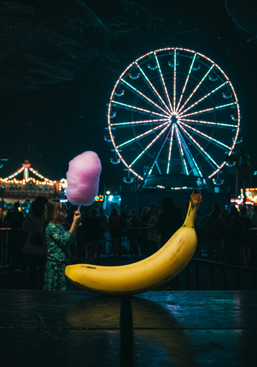 Une banane rêve sous une grande roue scintillante, tandis qu’un nuage de sucre filé danse en arrière-plan, témoin d’une fête des sens.