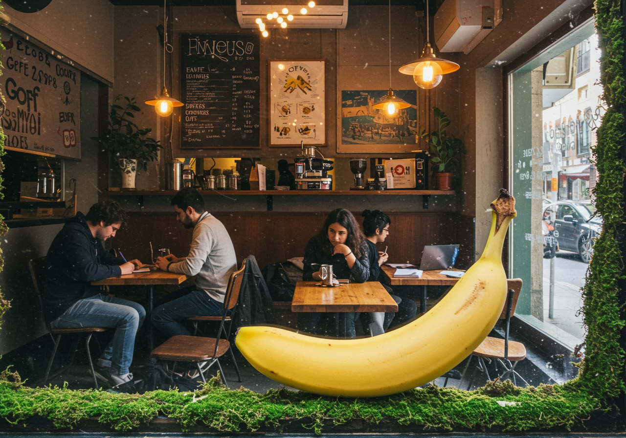 Dans un café à l'air studieux, la banane drague les esprits, frétillant sous la mousse, reine du petit déjeuner et muse des rêves.