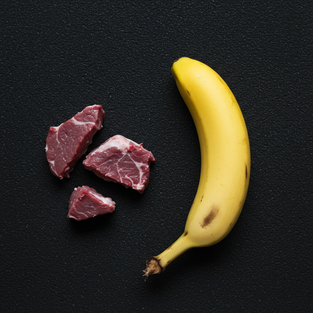 Un fruit doré et des morceaux de vie, une danse inattendue sur le plateau noir, où l’absurde s’invite à la table des saveurs.