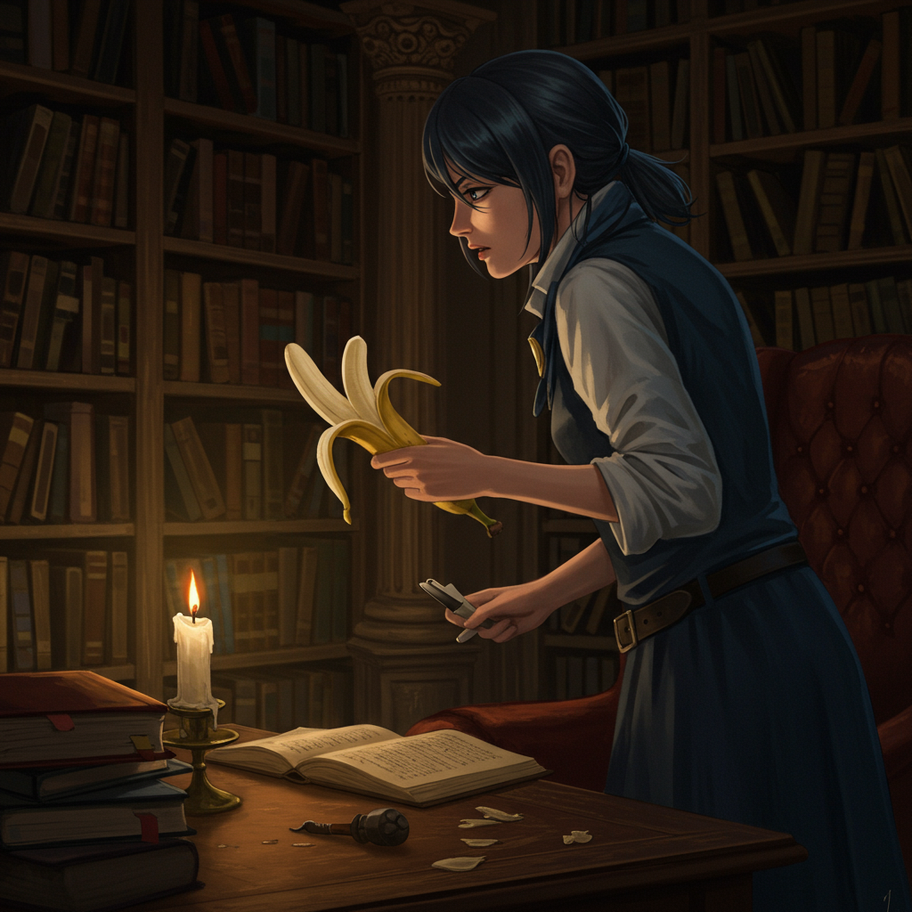Au cœur des livres, une citadine jongle avec des rêves en pelure, scrutant la lumière d'une bougie, où l'absurde se mêle à l'imaginaire.