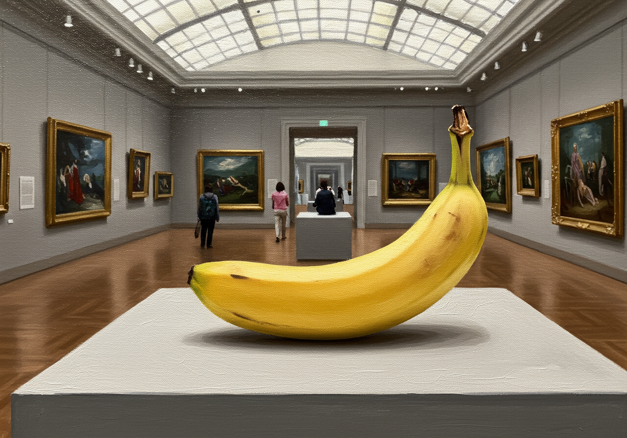 Sous un ciel de verre, une banane trône, chef-d'œuvre de l’absurde. Les regards s’interrogent, l'art devient fruit. Surréalisme savoureux.