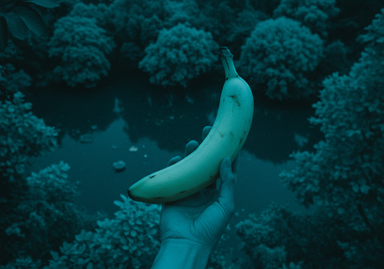 Dans un monde cerclé de jade, une courbe dorée tend les bras, symbole d'un festin suspendu entre ciel et terre, promesse d'éclats sucrés.