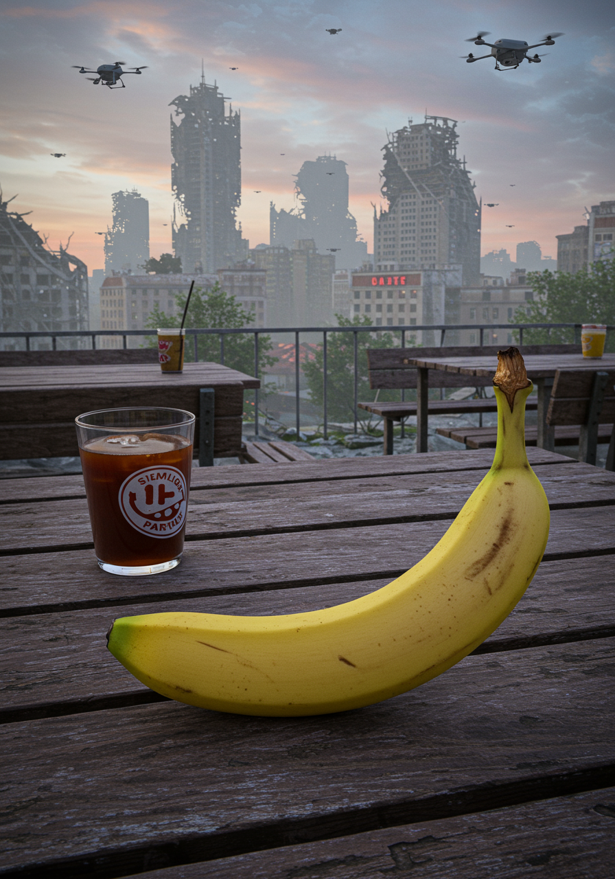 Un fruit jaune, au milieu des ruines, rêve de smoothies dans un monde où les drones dansent sous un ciel aux couleurs d'un coucher de soleil.