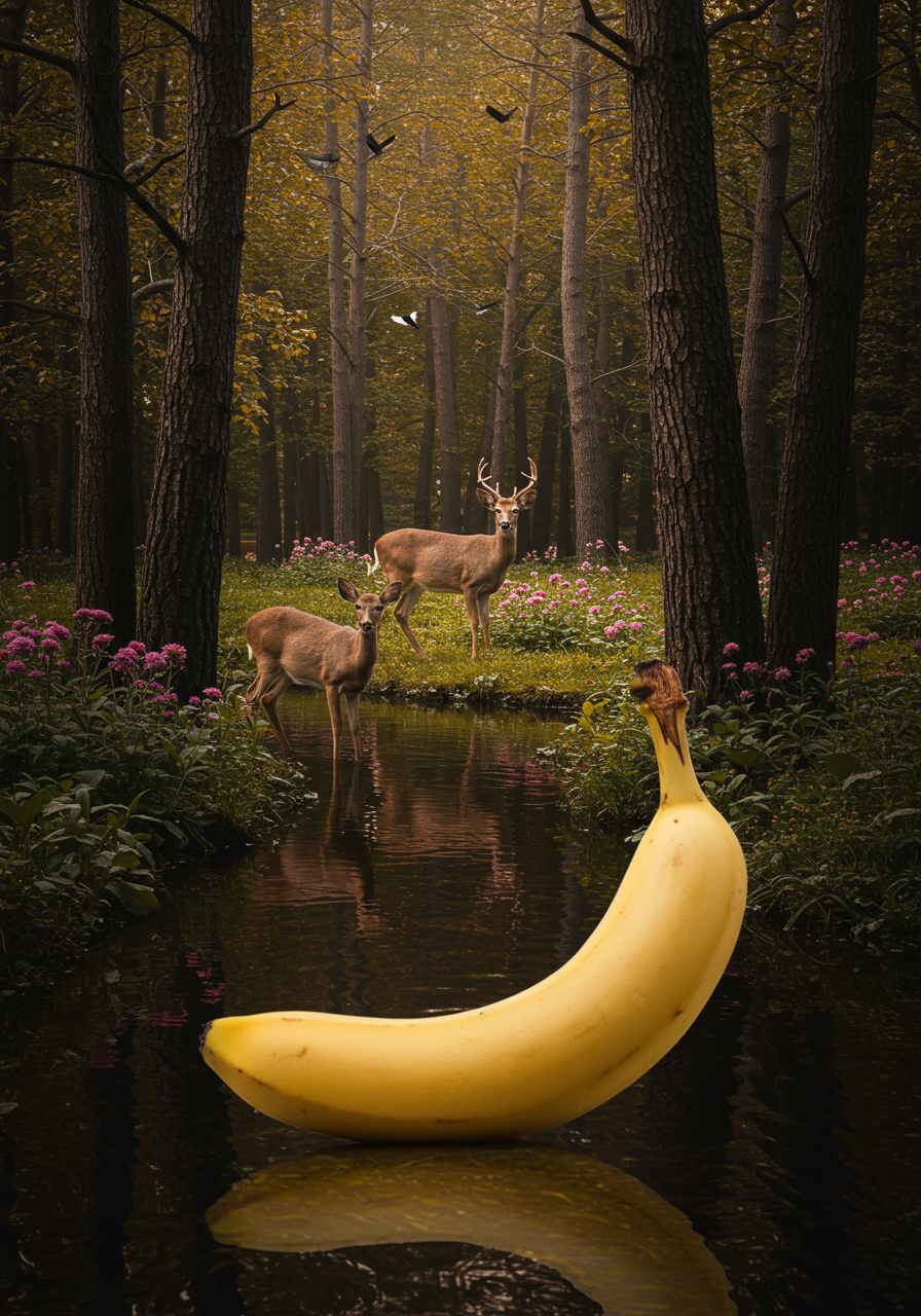 Au cœur de la forêt, un fruit déambule, confondant l’exquis et l’étrange, tandis que les cerfs murmurent des secrets au vent.
